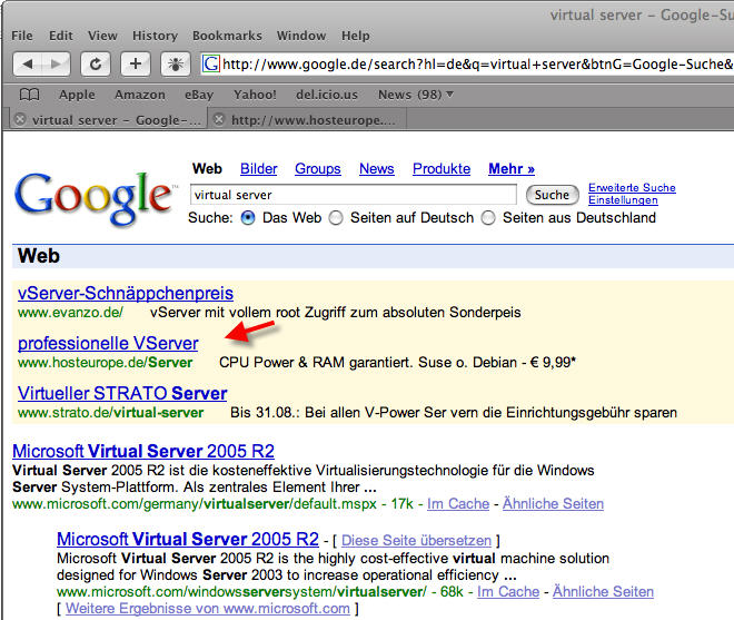google.de suchergebnisse für virtual server
